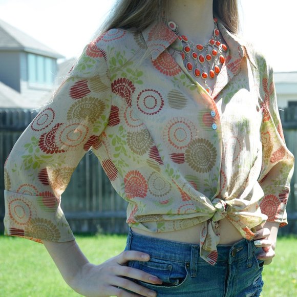Tops - Autumn-y Beige Orange and Olive Button Up Shirt